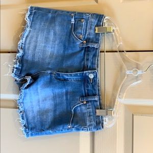Blue Denim Stretchy Shorts with Distressed Hem